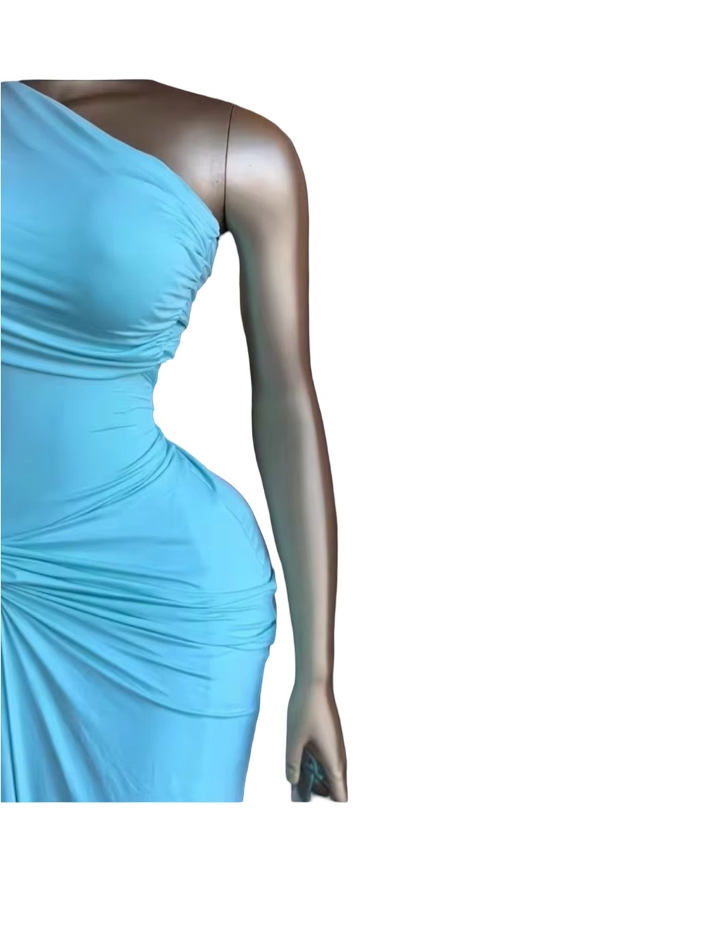 One-Shoulder Aqua Draped Evening Gown - Picture 5 of 11